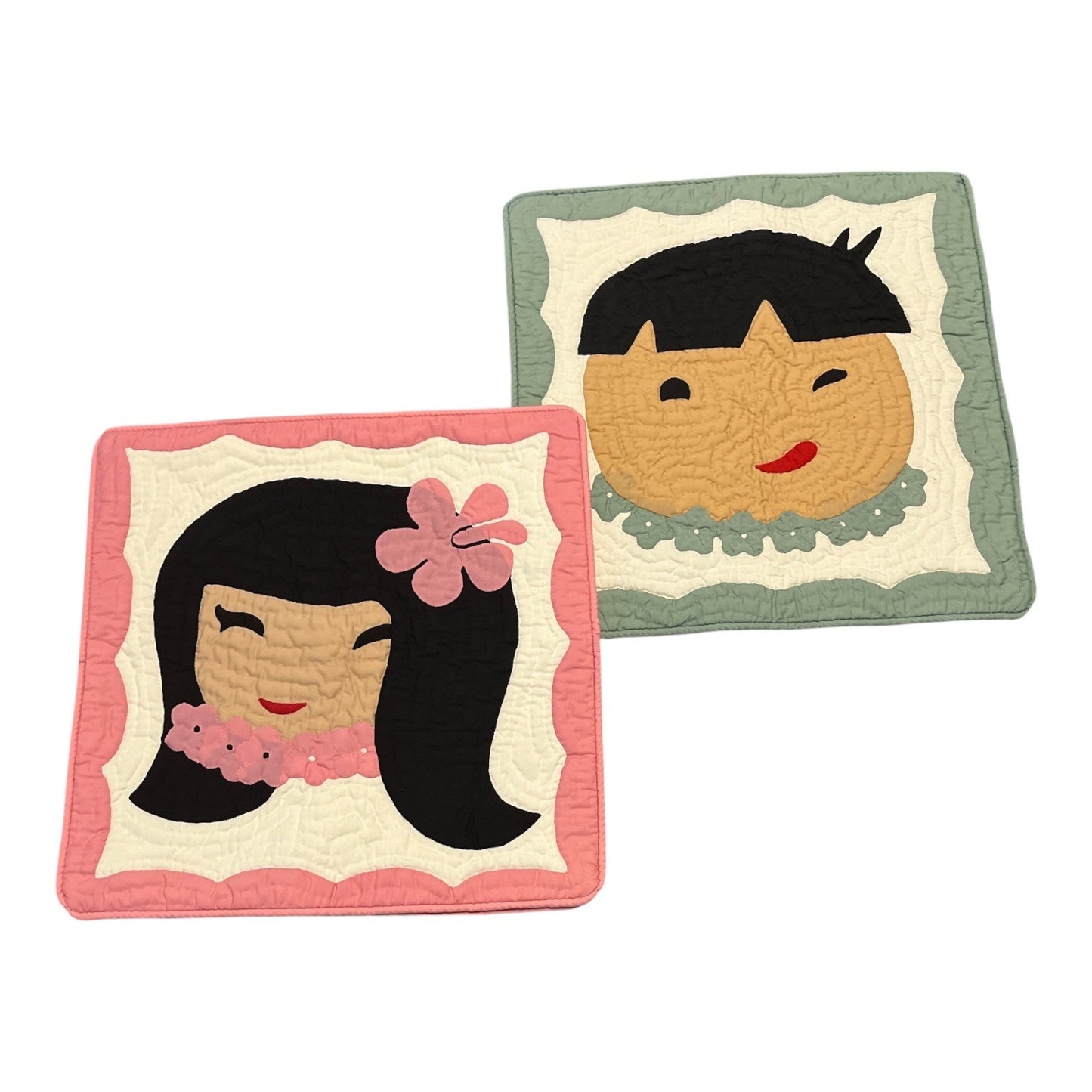 Vintage Hawaiian Quilt Pillow Covers Set of 2 Ben’s Craft Honolulu 16 x 16 Child Portrait Design