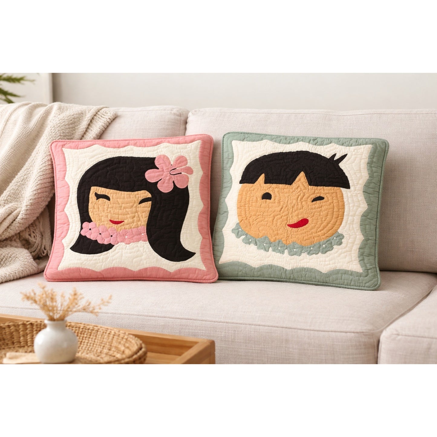 Vintage Hawaiian Quilt Pillow Covers Set of 2 Ben’s Craft Honolulu 16 x 16 Child Portrait Design