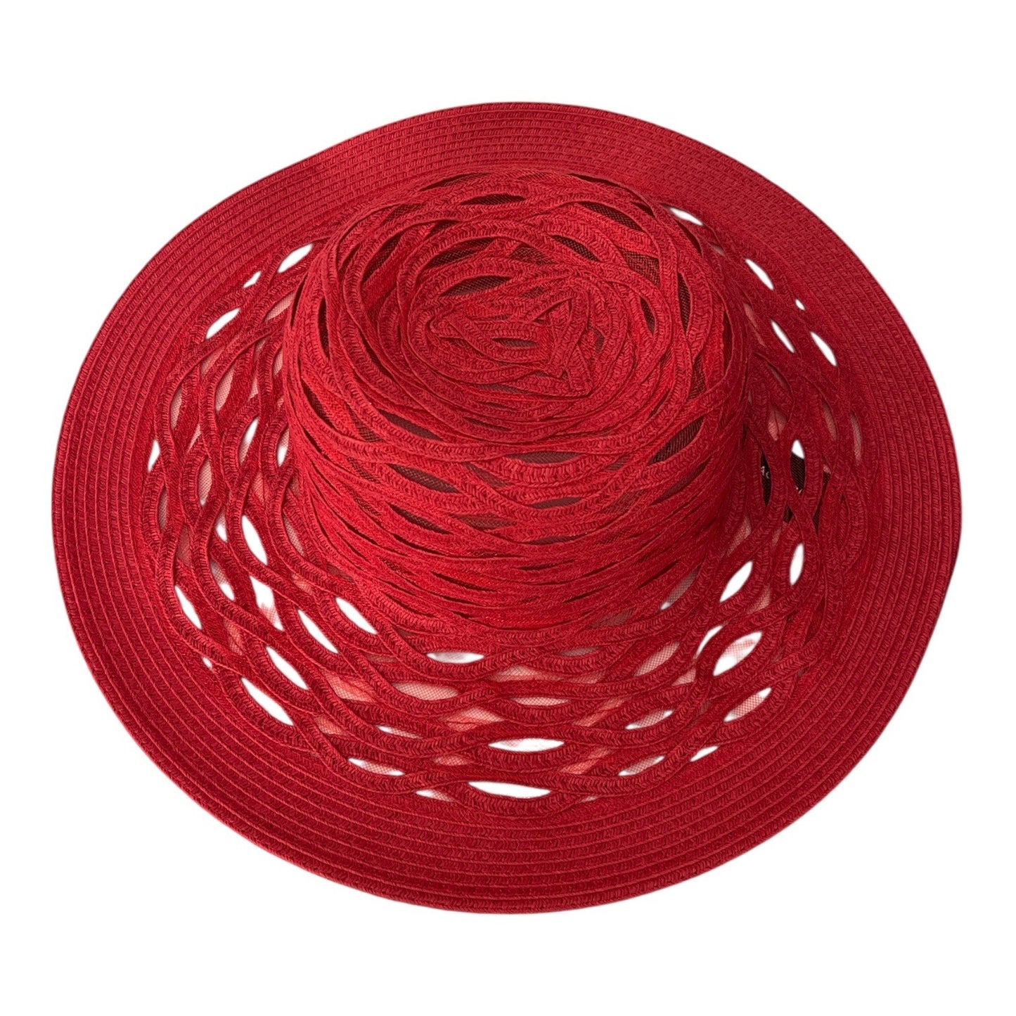 Nine West Red Open Weave Straw Sun Hat with Mesh Underlay OSFM NWT