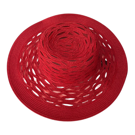 Nine West Red Open Weave Straw Sun Hat with Mesh Underlay OSFM NWT