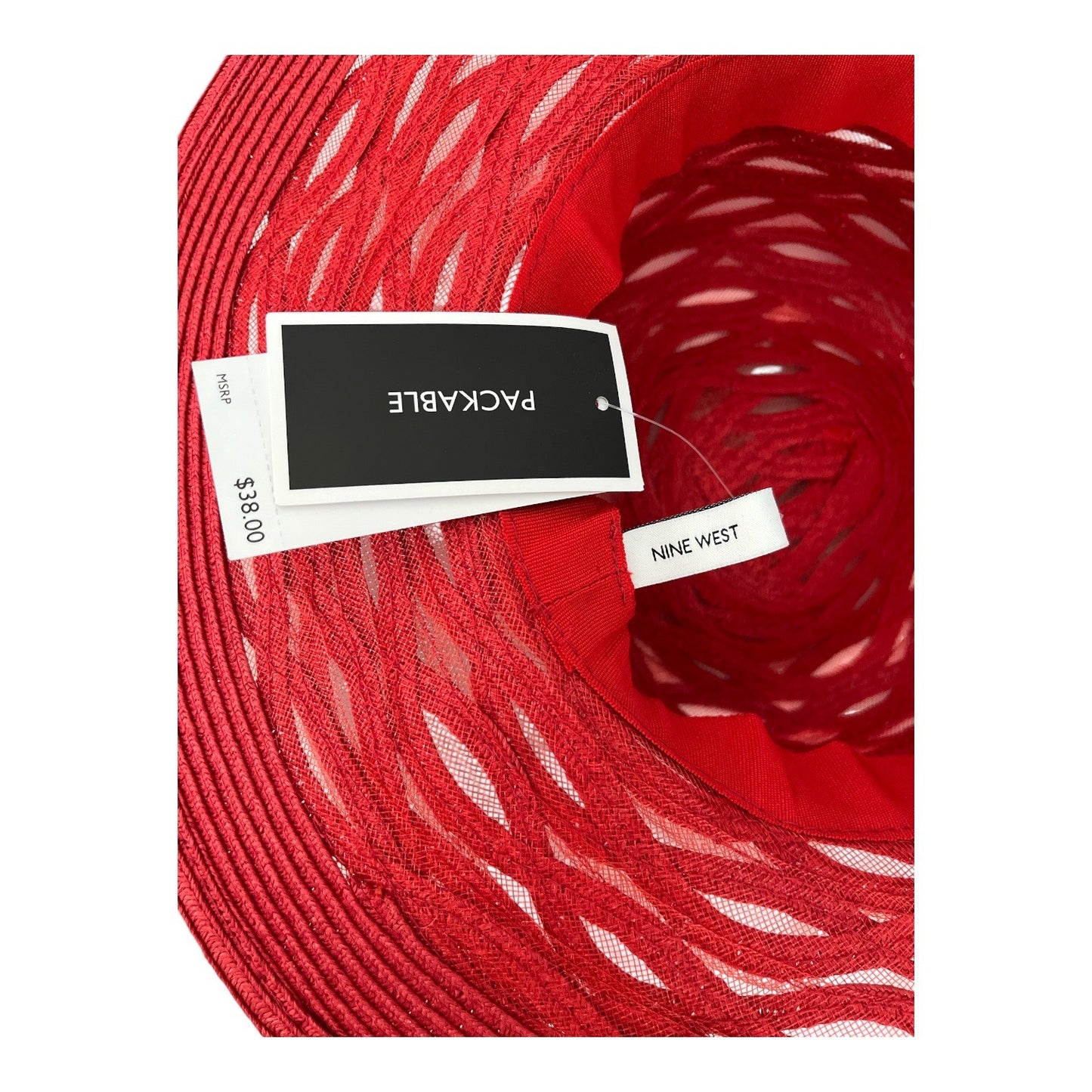 Nine West Red Open Weave Straw Sun Hat with Mesh Underlay OSFM NWT