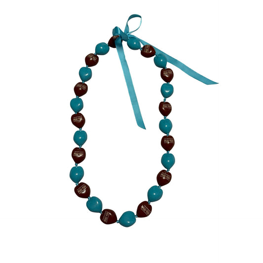 Vintage Mai Kai Tiki Bead Necklace Turquoise Brown Ribbon Tie 28” Hawaii Souvenir