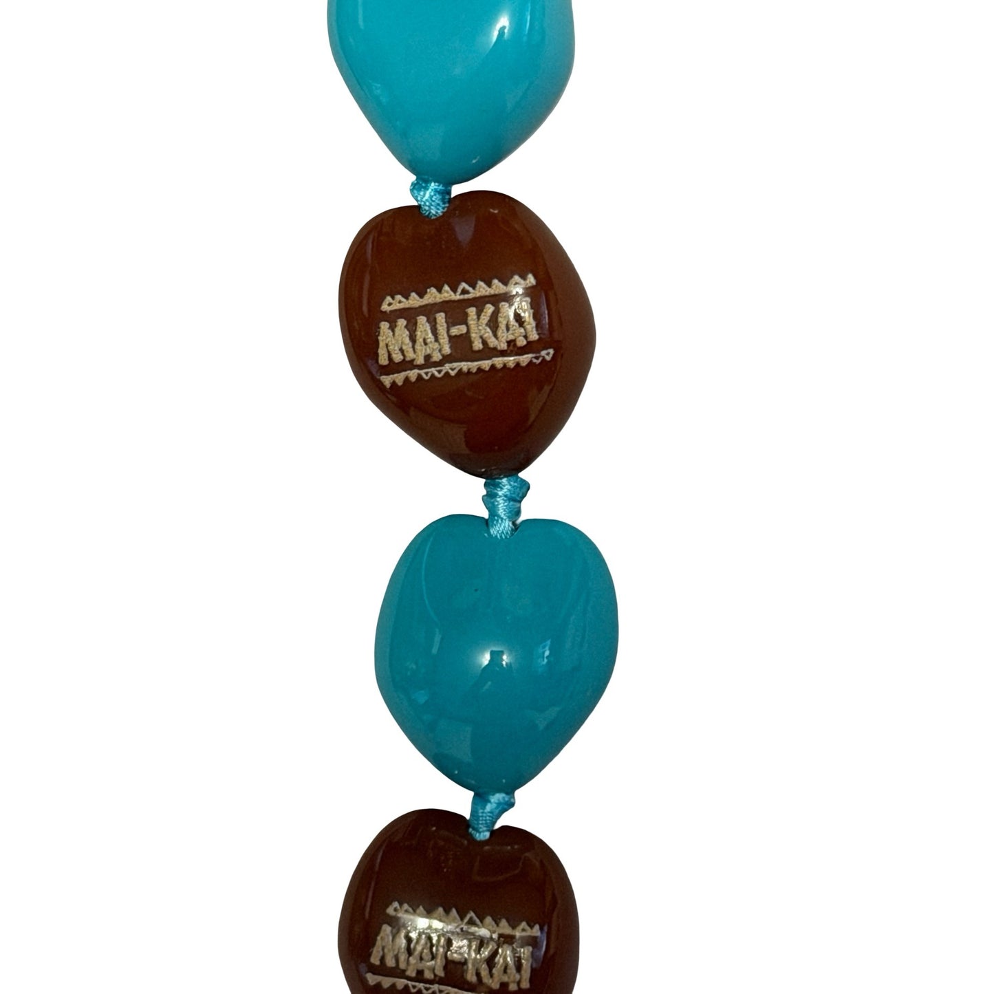Vintage Mai Kai Tiki Bead Necklace Turquoise Brown Ribbon Tie 28” Hawaii Souvenir
