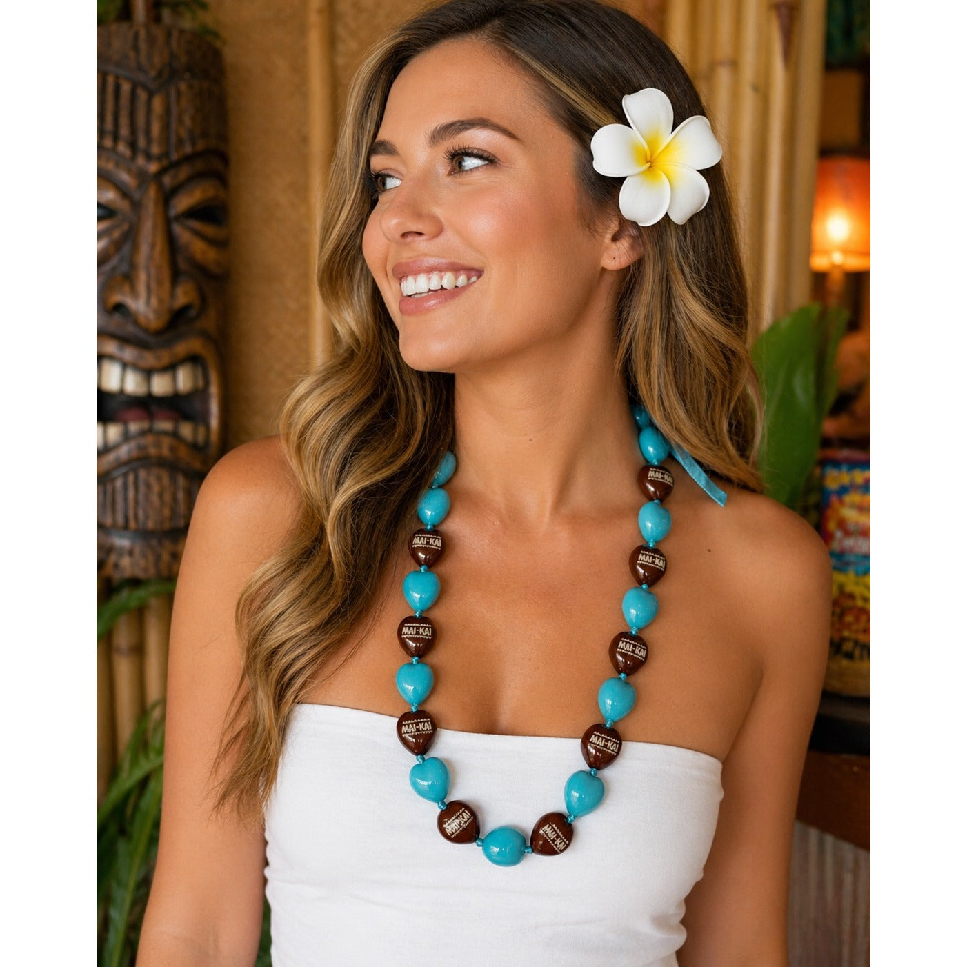 Vintage Mai Kai Tiki Bead Necklace Turquoise Brown Ribbon Tie 28” Hawaii Souvenir