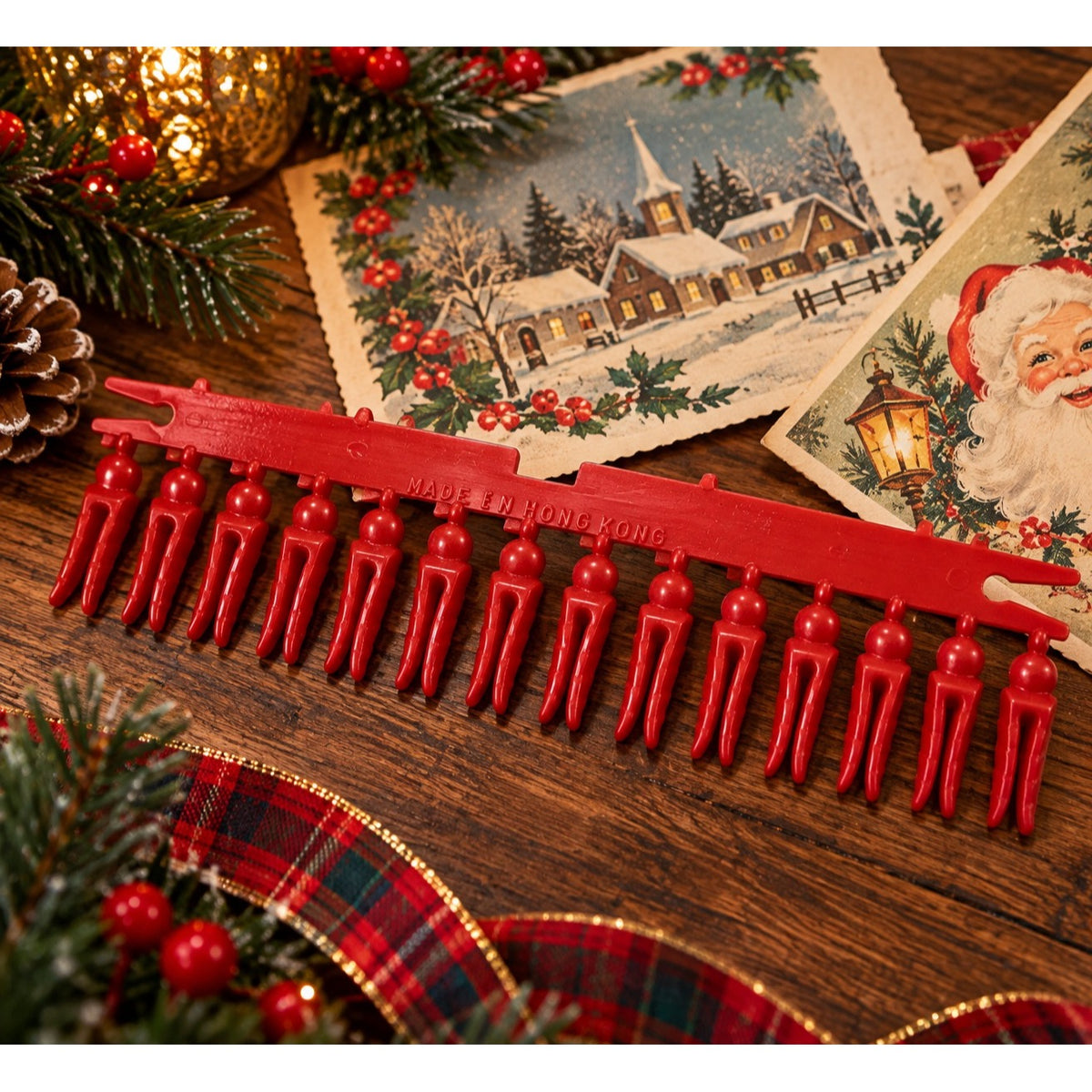 Vintage Hong Kong Red Plastic Christmas Card Holders Clips Uncut Strip