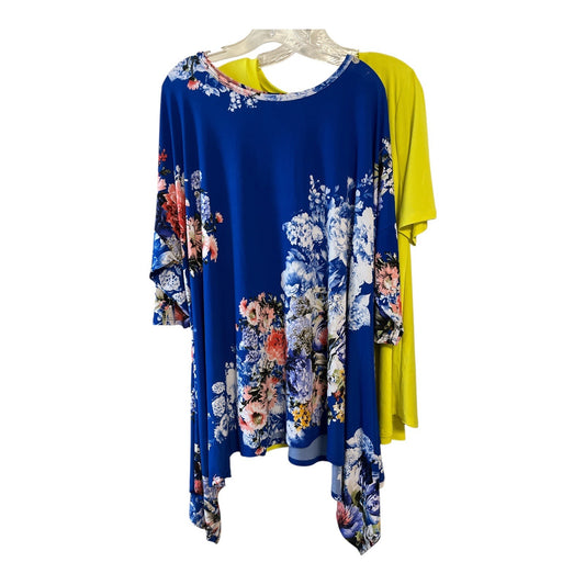 Women’s 2X Blue Floral Sharkbite Tunic & Solid Yellow V-Neck Top