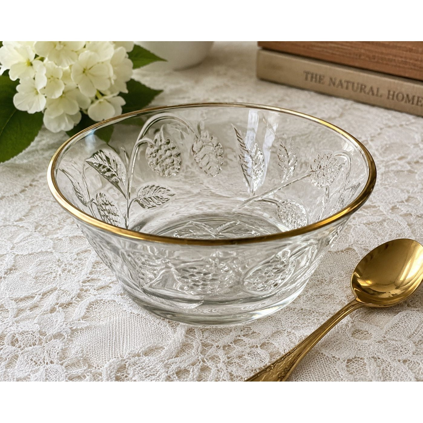 Vintage Clear Glass Pinecone Dessert Bowl Gold Rim Serving Dish