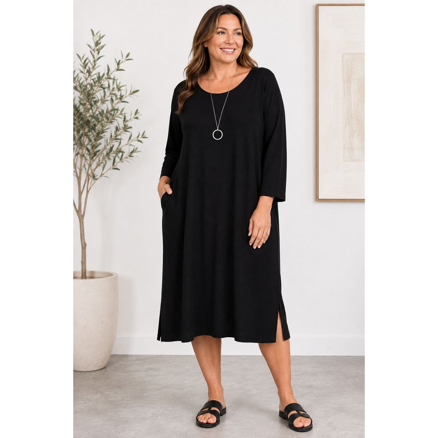 Marla Wynne Black Knit Midi Dress Women's 1X Long Sleeve Side Slits Stretch NWT