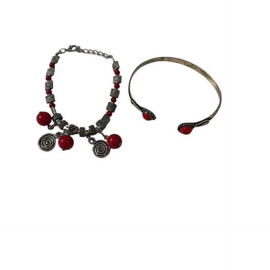 Vintage Southwestern Style Red Bead Bracelet & Cuff Bracelet Set Silver Tone Boho Jewelry