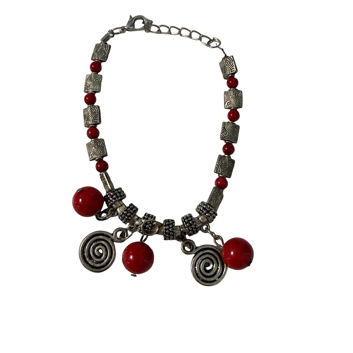 Vintage Southwestern Style Red Bead Bracelet & Cuff Bracelet Set Silver Tone Boho Jewelry