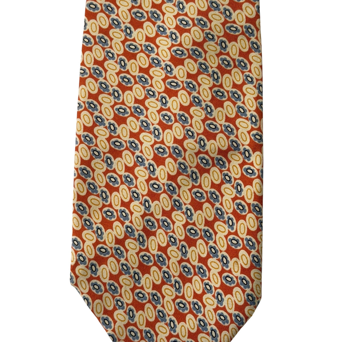 J.Crew 100% Silk Tie Handmade USA Burnt Orange Blue Geometric Print