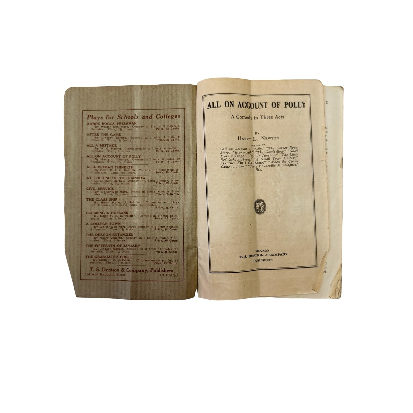 Vintage 1915 Denison Select Play All on Account of Polly Harry L Newton Theater Script