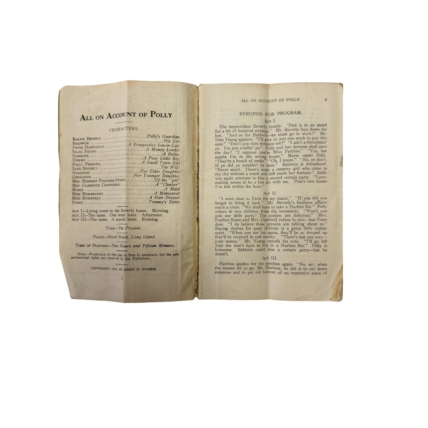 Vintage 1915 Denison Select Play All on Account of Polly Harry L Newton Theater Script