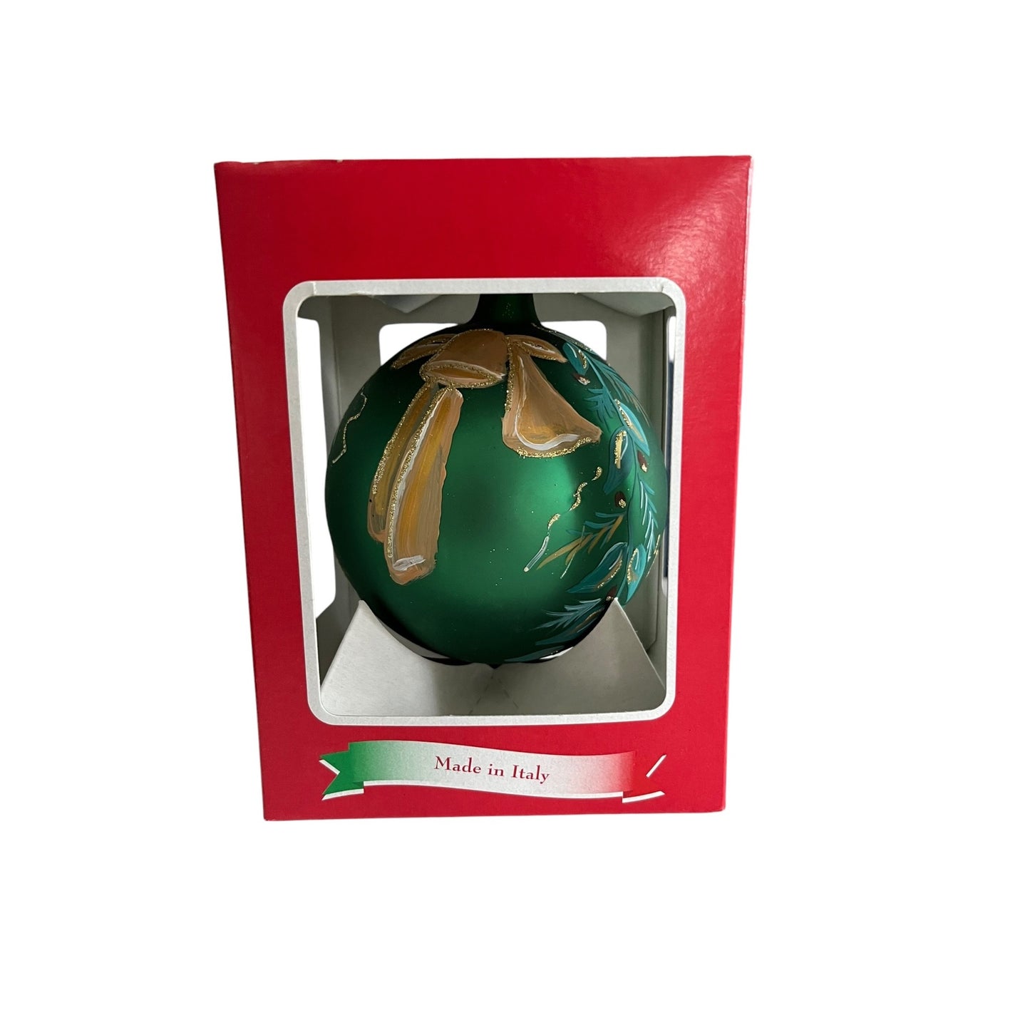 Vintage Italian Hand Blown Glass Christmas Ornament Green Hand Painted Italy 4 Inch