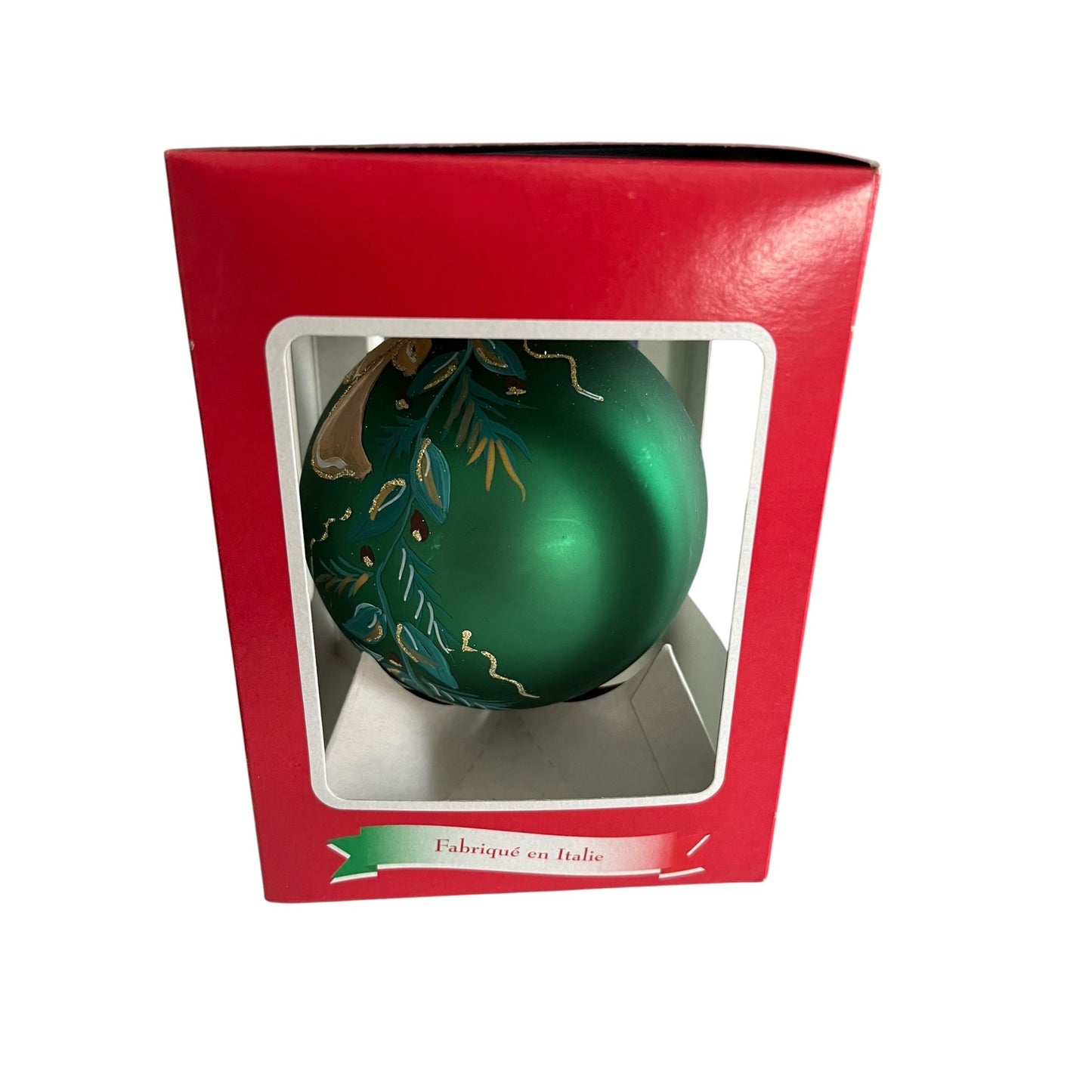 Vintage Italian Hand Blown Glass Christmas Ornament Green Hand Painted Italy 4 Inch