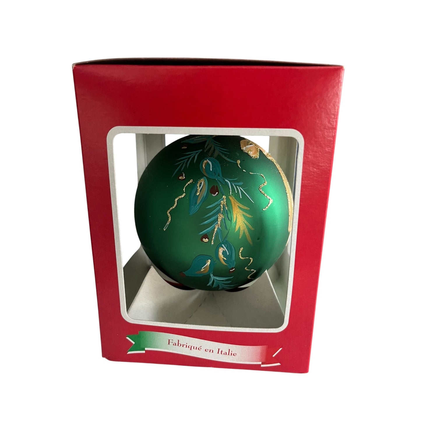 Vintage Italian Hand Blown Glass Christmas Ornament Green Hand Painted Italy 4 Inch