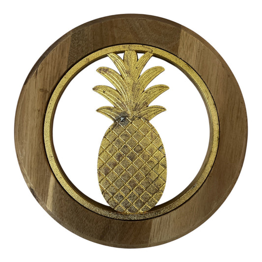 Thirstystone Acacia Wood Pineapple Trivet | Gold Zinc Alloy Inlay | 7.5" Round | Tropical Decor