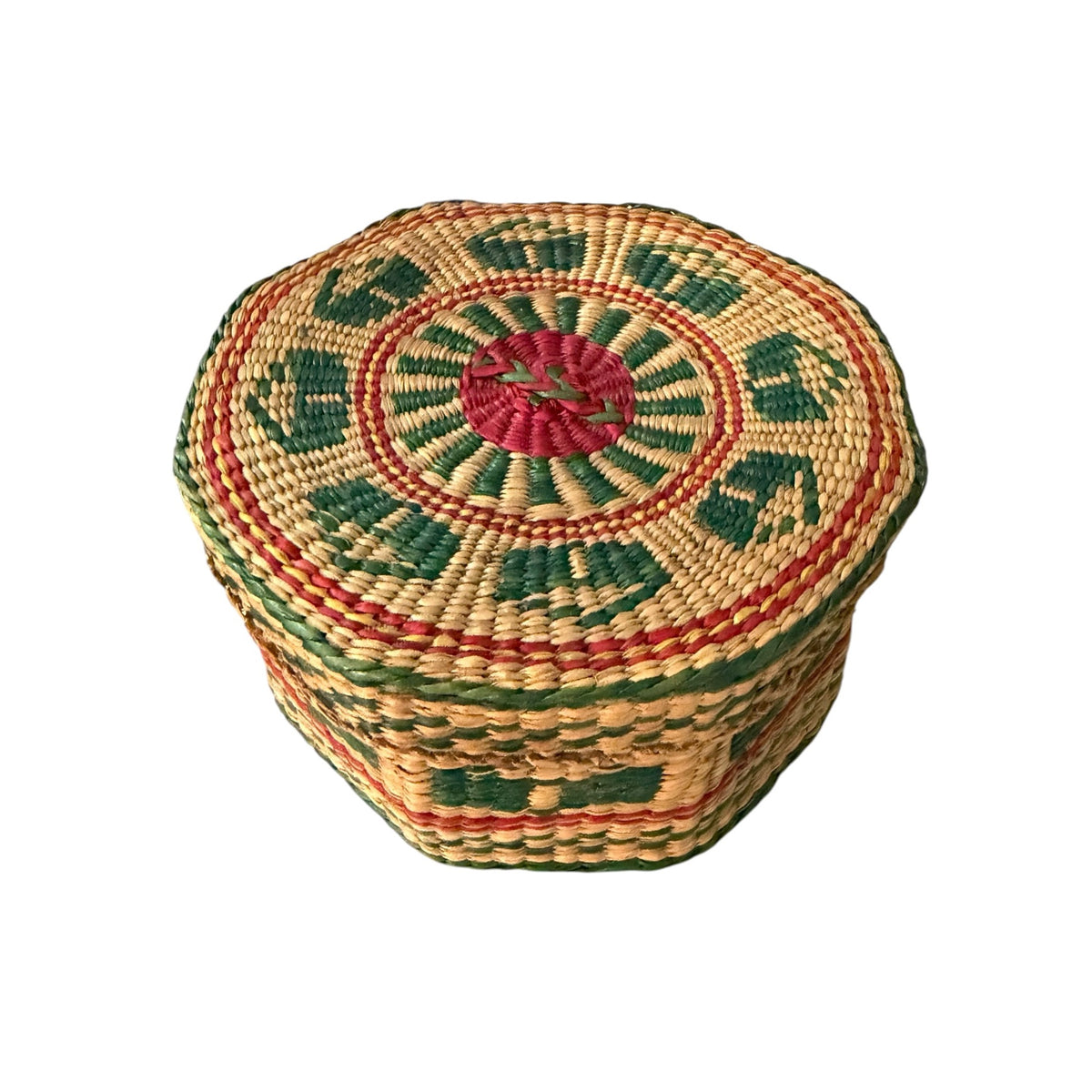 Vintage Handwoven Coiled Lidded Basket Red Green Geometric Folk Art 6"