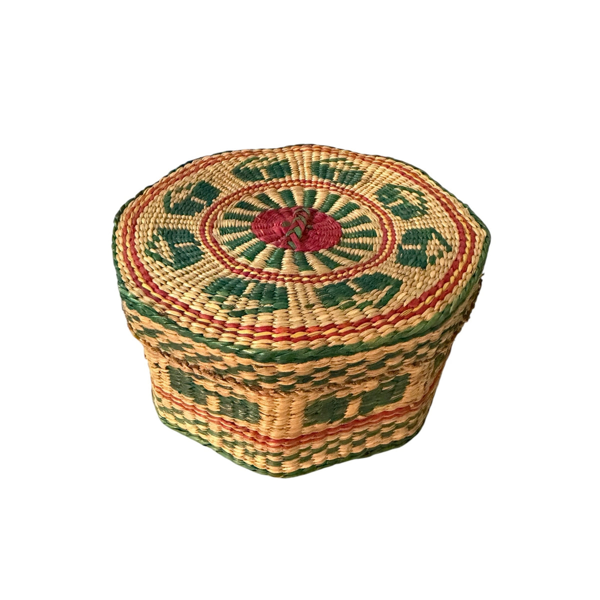 Vintage Handwoven Coiled Lidded Basket Red Green Geometric Folk Art 6"
