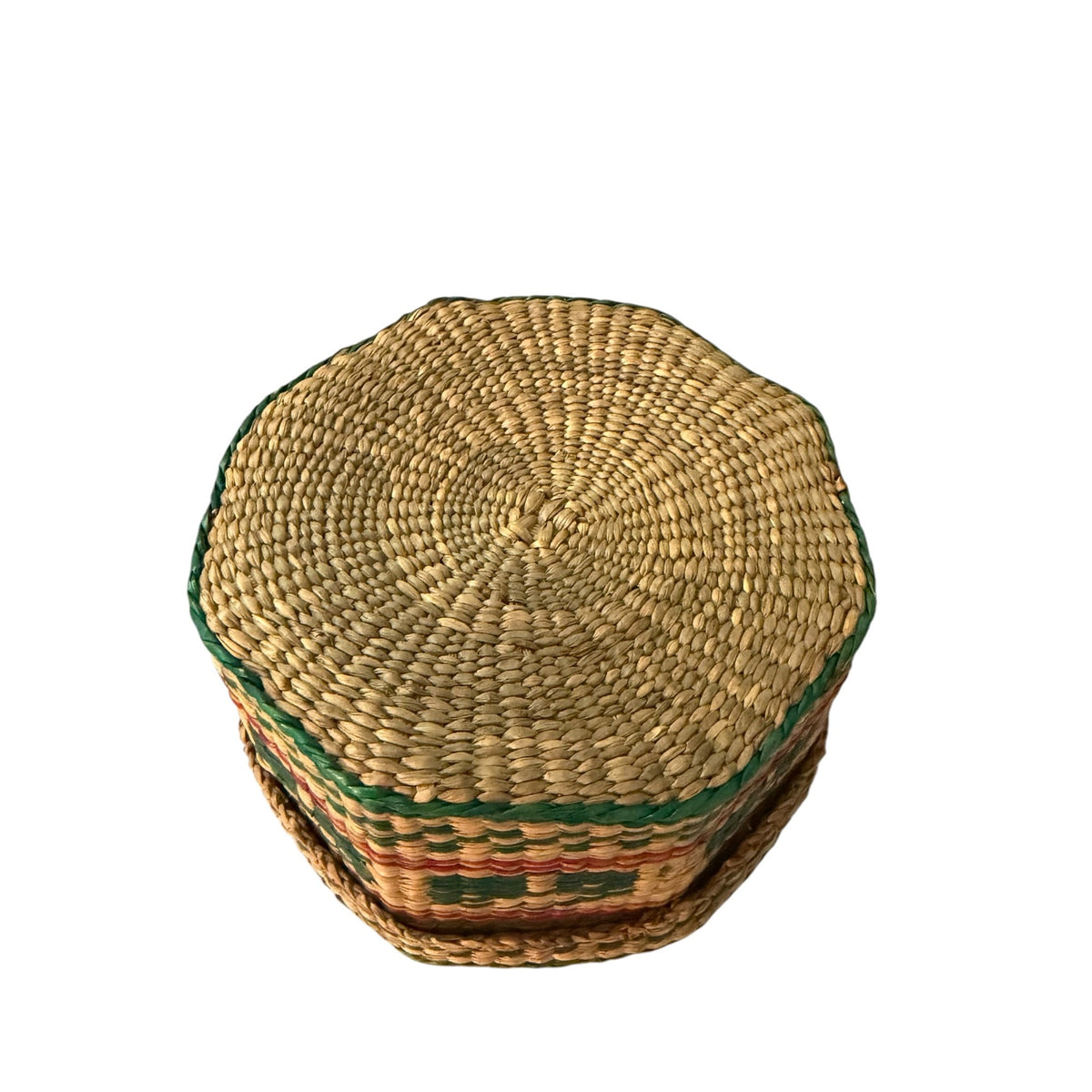 Vintage Handwoven Coiled Lidded Basket Red Green Geometric Folk Art 6"