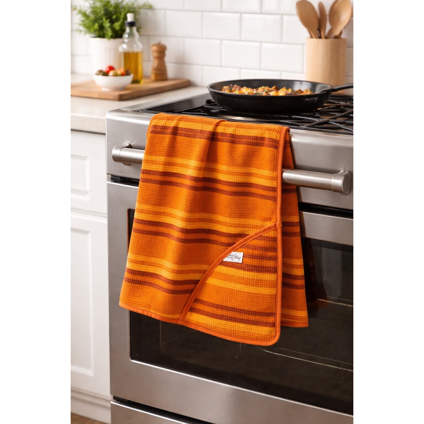 Rachael Ray Orange Striped Kitchen Towel Pot Holder Set Waffle Weave