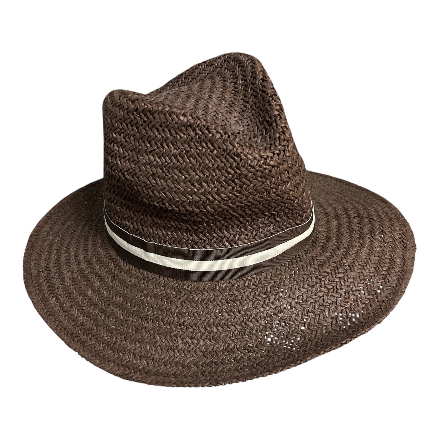 Lands’ End Woven Straw Fedora Hat Brown L-XL Wide Brim