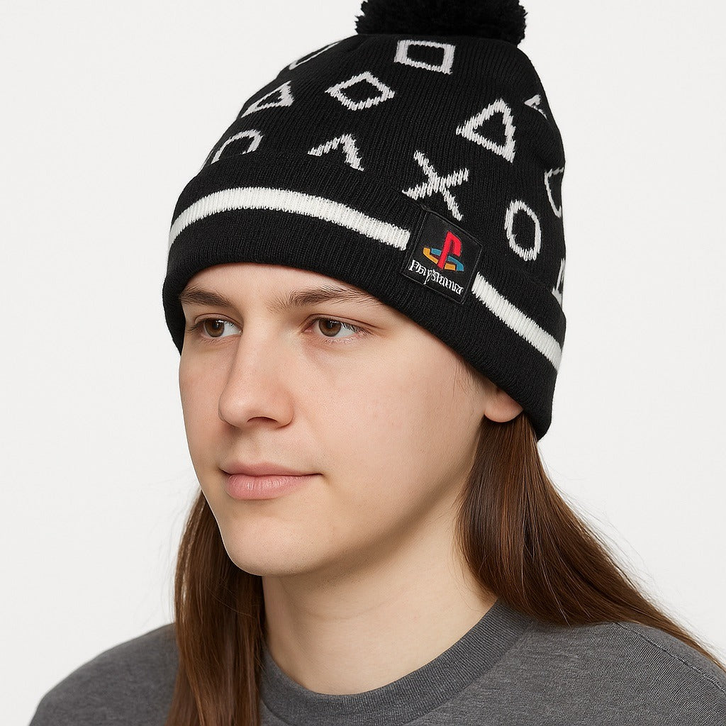 PlayStation Beanie Hat Black White Logo Symbols Pom Winter Cap 2016