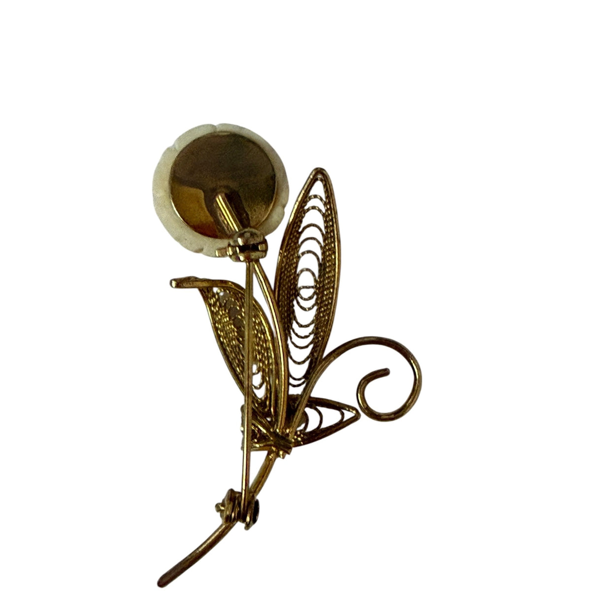 Vintage Gold Tone Filigree Rose Brooch Cream Flower Mid Century Floral Pin 2 Inch