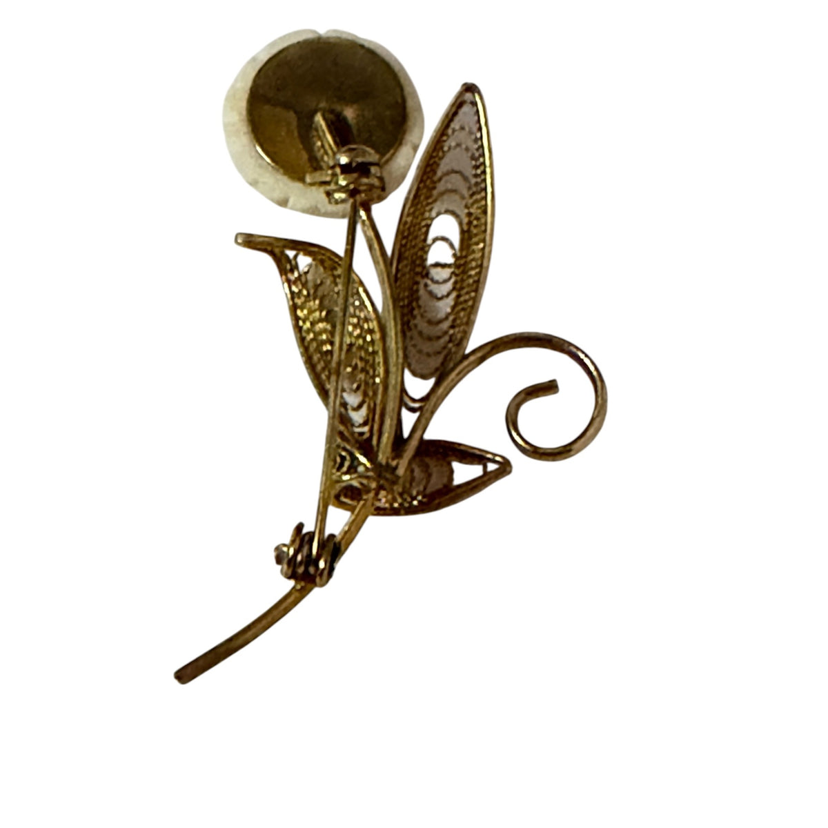 Vintage Gold Tone Filigree Rose Brooch Cream Flower Mid Century Floral Pin 2 Inch