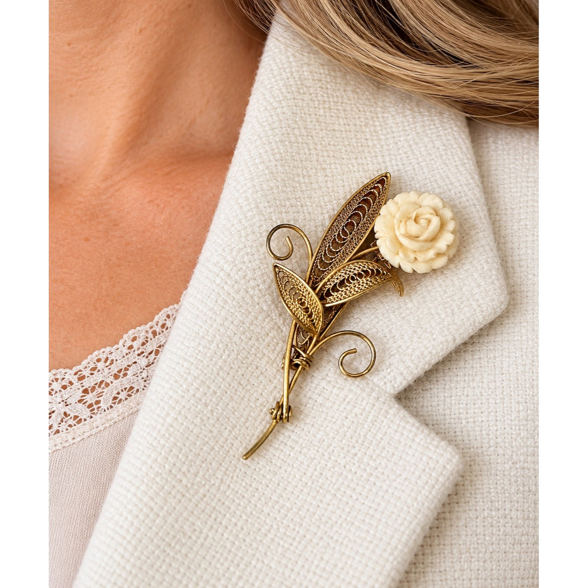 Vintage Gold Tone Filigree Rose Brooch Cream Flower Mid Century Floral Pin 2 Inch