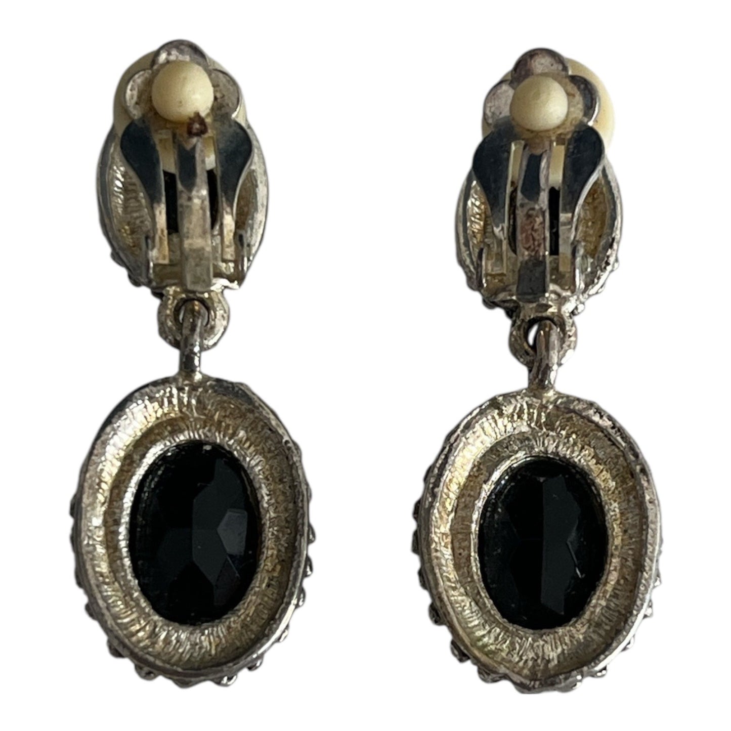 Vintage Black Faceted Drop Earrings Silver Tone Clip On 1.5 Inch