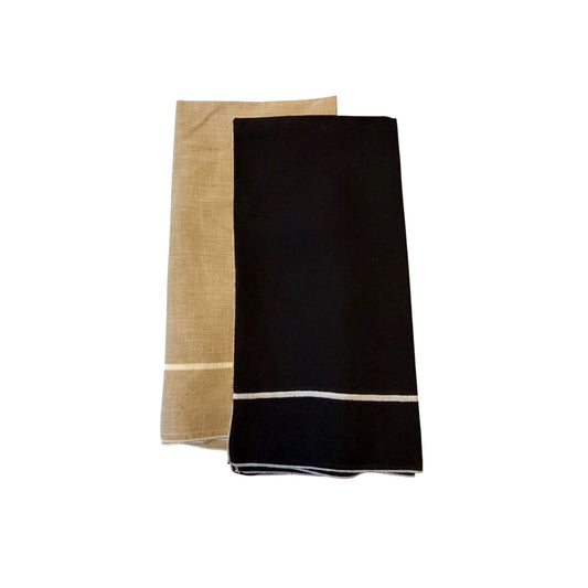 Set of 2 Vintage Linen Handkerchiefs Black & Beige White Border 20 Inch Square
