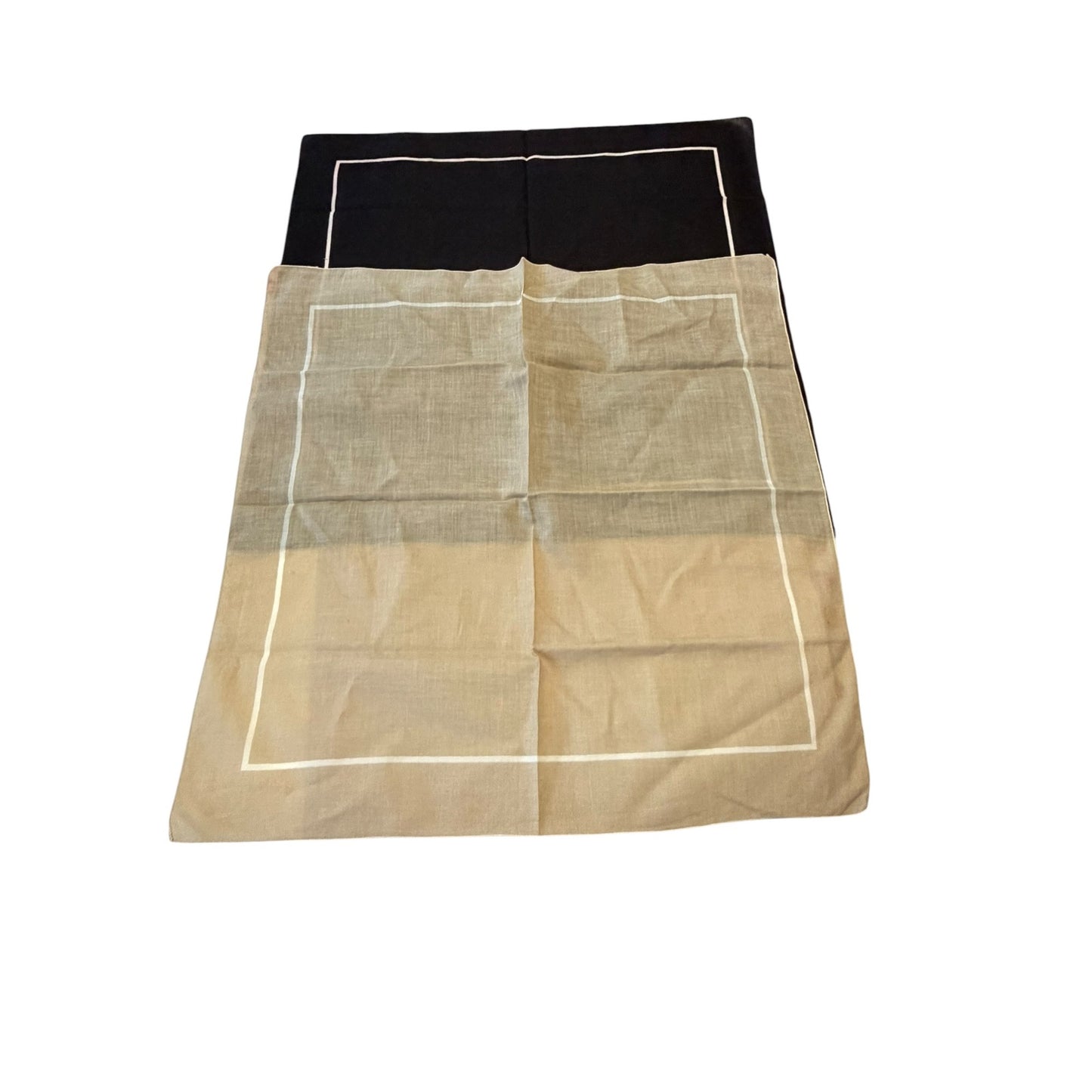 Set of 2 Vintage Linen Handkerchiefs Black & Beige White Border 20 Inch Square
