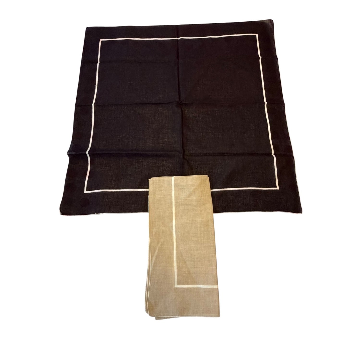 Set of 2 Vintage Linen Handkerchiefs Black & Beige White Border 20 Inch Square