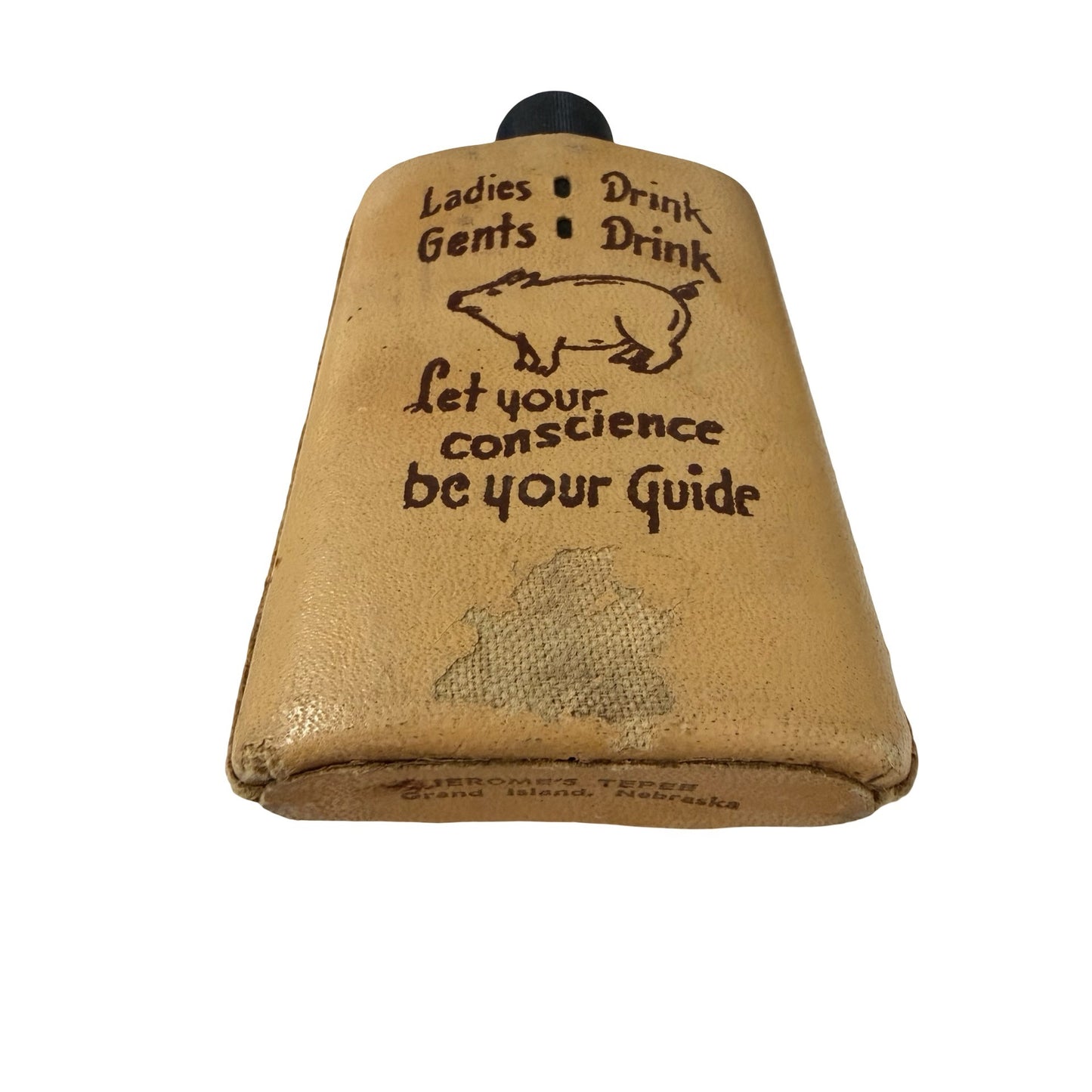 Vintage Jerome's Tepee Grand Island Nebraska Glass Flask Leather Covered Souvenir