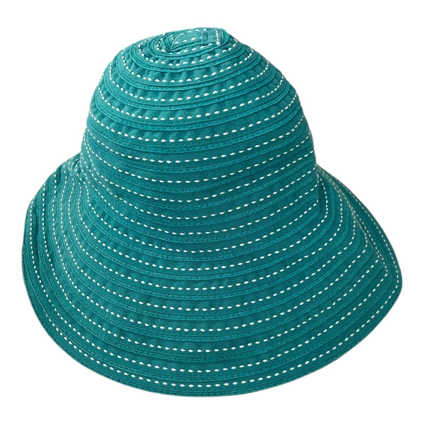 Kathy Jeanne Teal Bucket Hat – Woven Striped Summer Sun Hat – 15" Circumference – Packable Brimmed Cap