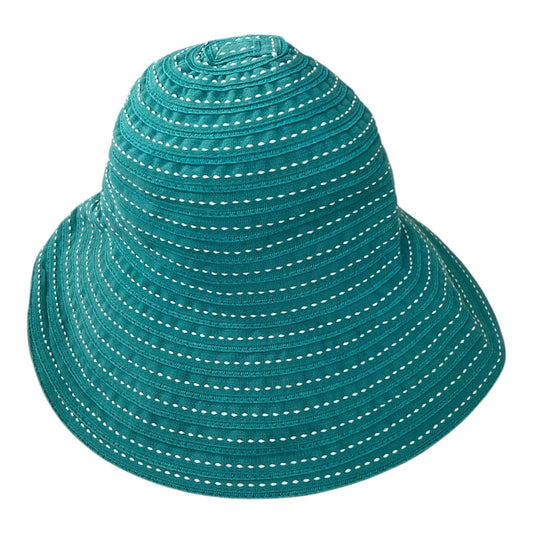 Kathy Jeanne Teal Bucket Hat – Woven Striped Summer Sun Hat – 15" Circumference – Packable Brimmed Cap
