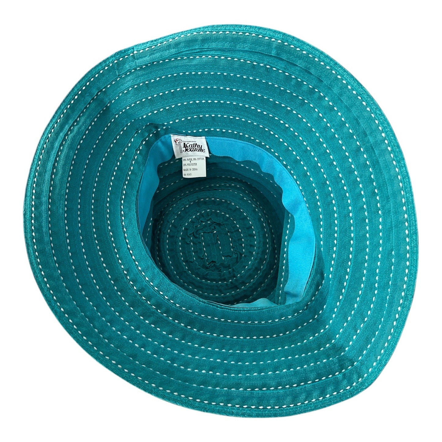 Kathy Jeanne Teal Bucket Hat – Woven Striped Summer Sun Hat – 15" Circumference – Packable Brimmed Cap