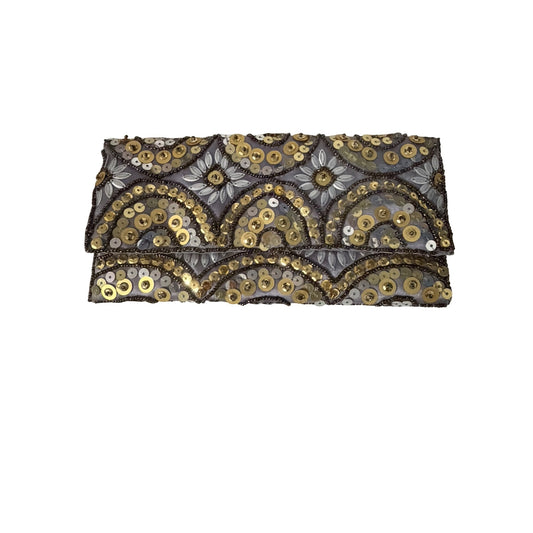 Bijoux Terner Beaded Sequin Evening Clutch Silver Gold Y2K Art Deco Inspired
