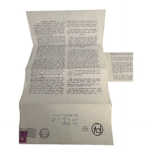 Vintage 1964 Formula Vee Association Bulletin No. 1 Newsletter Mailing Ephemera Racing SCCA