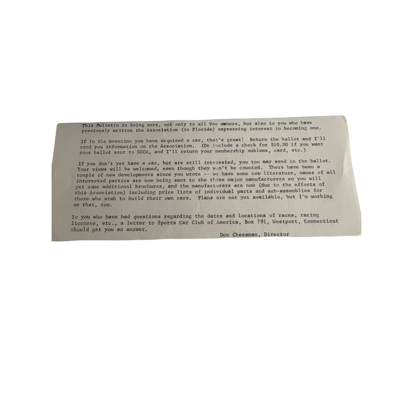 Vintage 1964 Formula Vee Association Bulletin No. 1 Newsletter Mailing Ephemera Racing SCCA