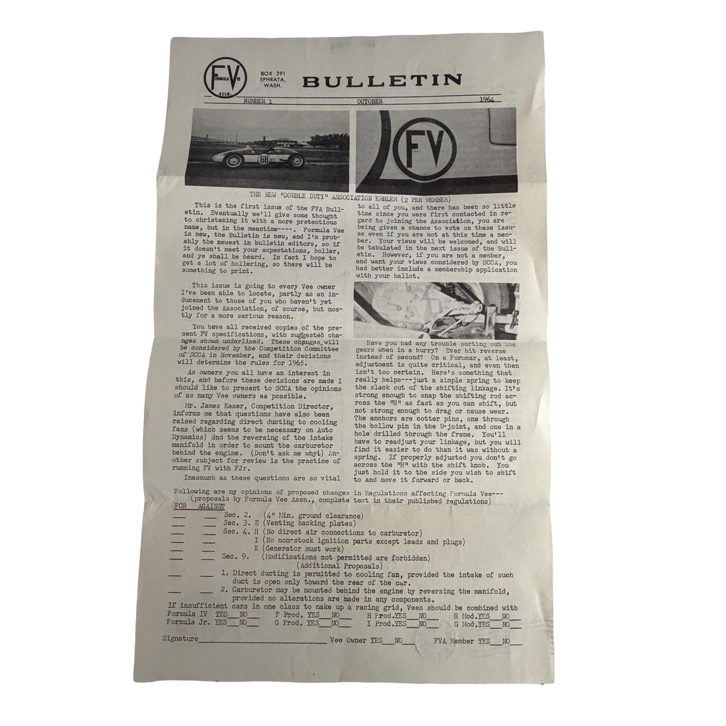 Vintage 1964 Formula Vee Association Bulletin No. 1 Newsletter Mailing Ephemera Racing SCCA