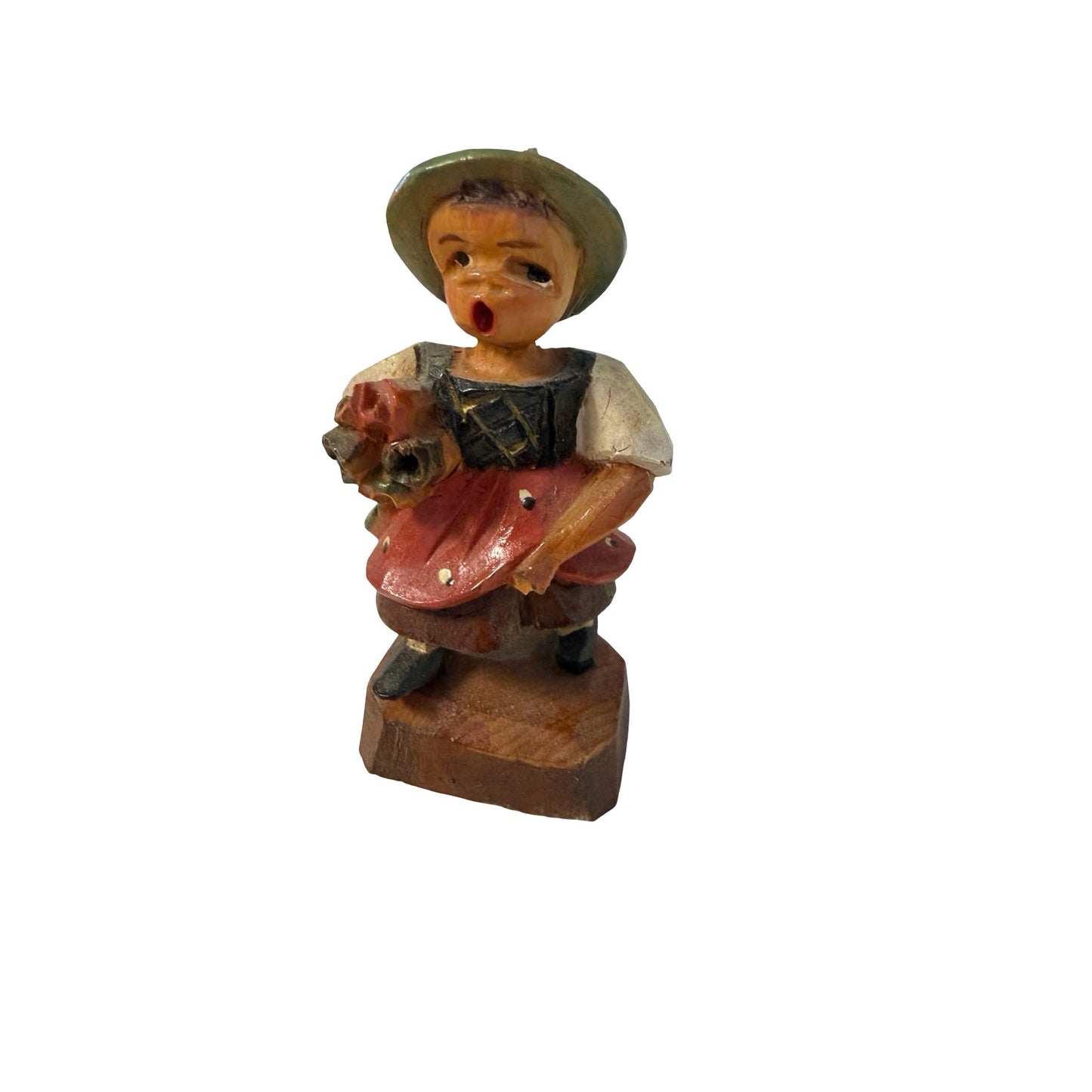 Vintage Hand Carved Wooden Girl Figurine Singing Child With Flowers Folk Art Germany