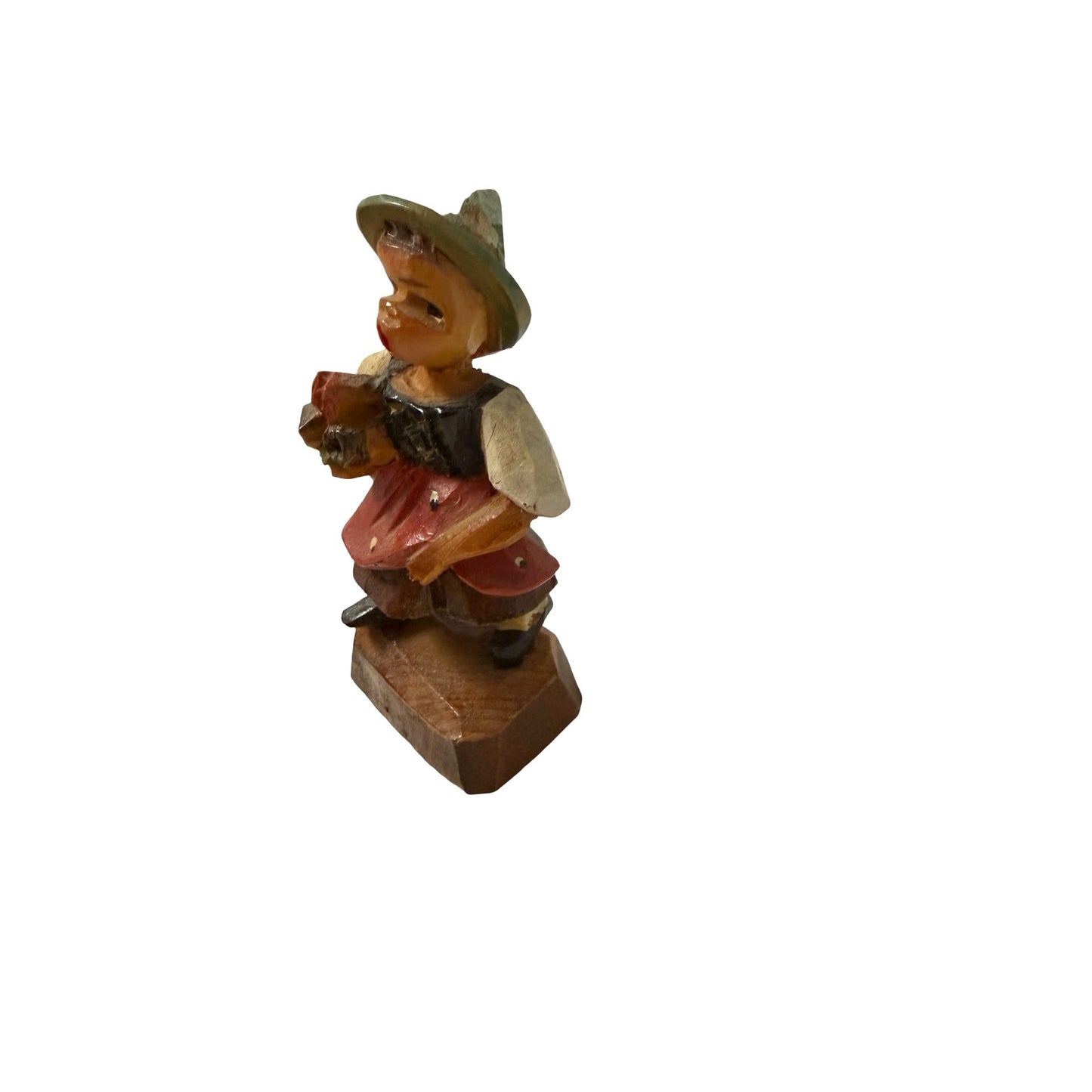 Vintage Hand Carved Wooden Girl Figurine Singing Child With Flowers Folk Art Germany