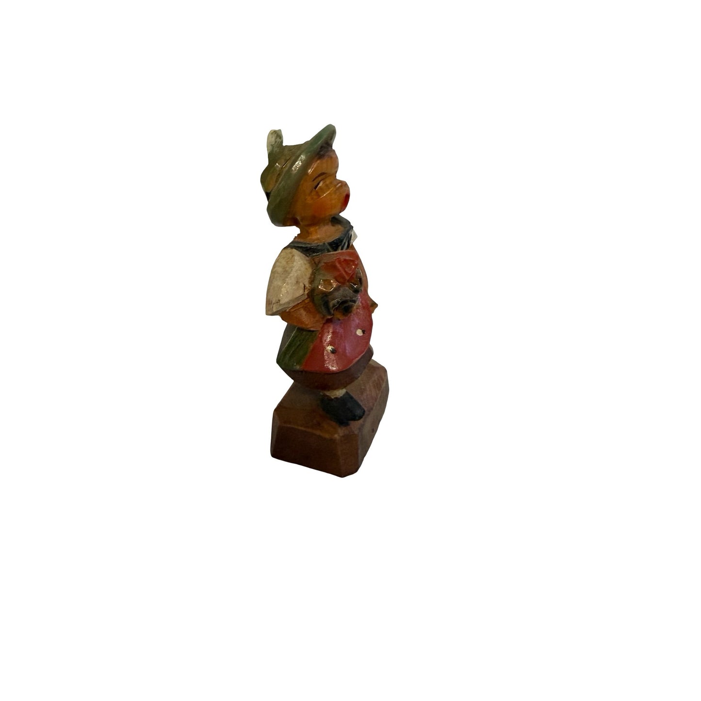 Vintage Hand Carved Wooden Girl Figurine Singing Child With Flowers Folk Art Germany