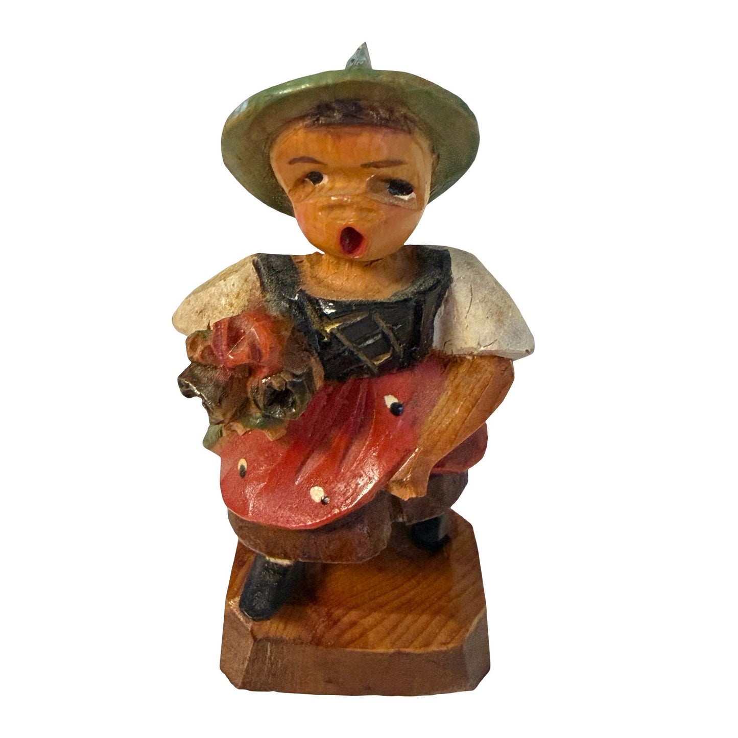 Vintage Hand Carved Wooden Girl Figurine Singing Child With Flowers Folk Art Germany