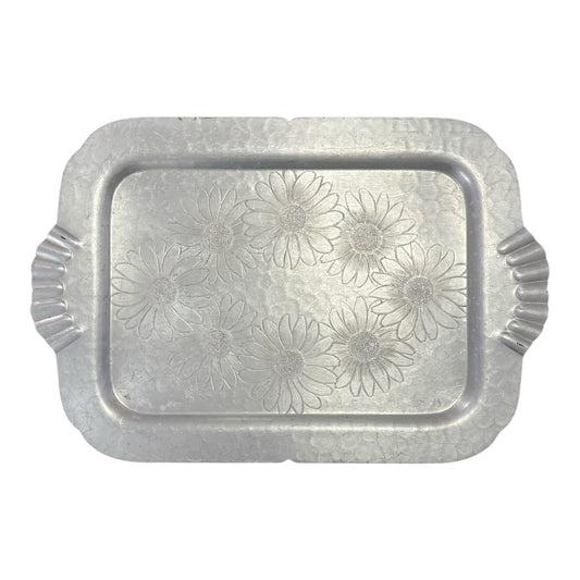 Vintage Lehman Aluminum Hand-Forged Tray – 19" x 13" – Daisy Floral Pattern – Made in USA – c. 1950s–1960s