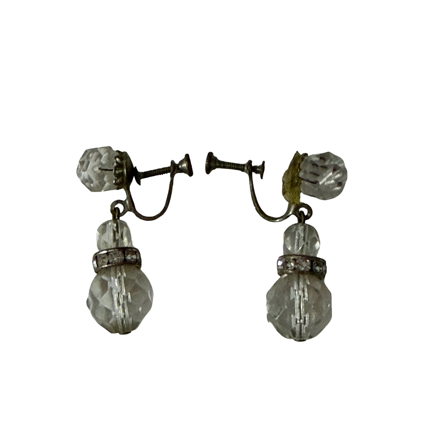 Vintage Faceted Glass Dangle Screwback Earrings Clear Rhinestone Silver Tone