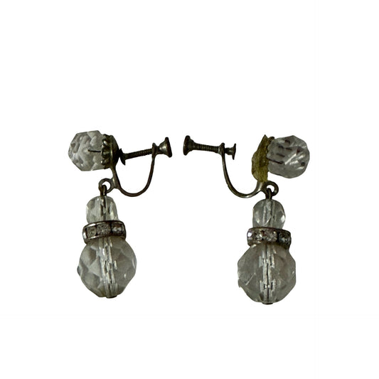 Vintage Faceted Glass Dangle Screwback Earrings Clear Rhinestone Silver Tone
