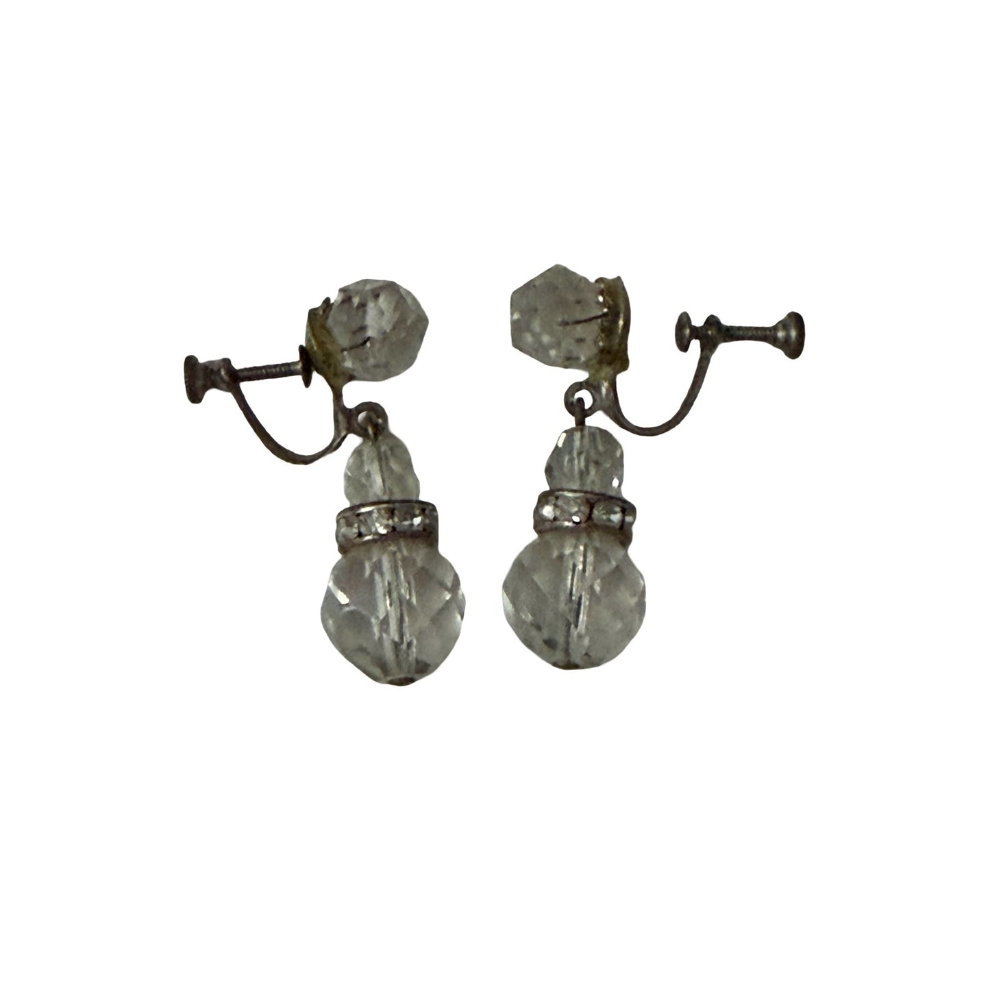 Vintage Faceted Glass Dangle Screwback Earrings Clear Rhinestone Silver Tone